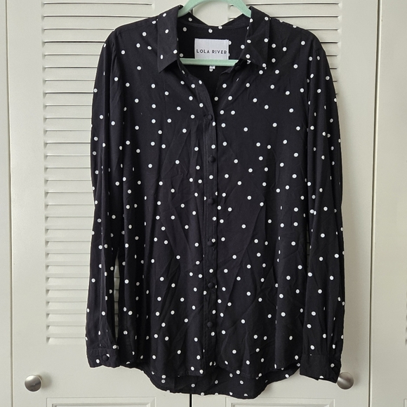 Lola River Long Sleeve Blouse Black & White Polka Dot 100% Viscose Size L - Picture 1 of 7